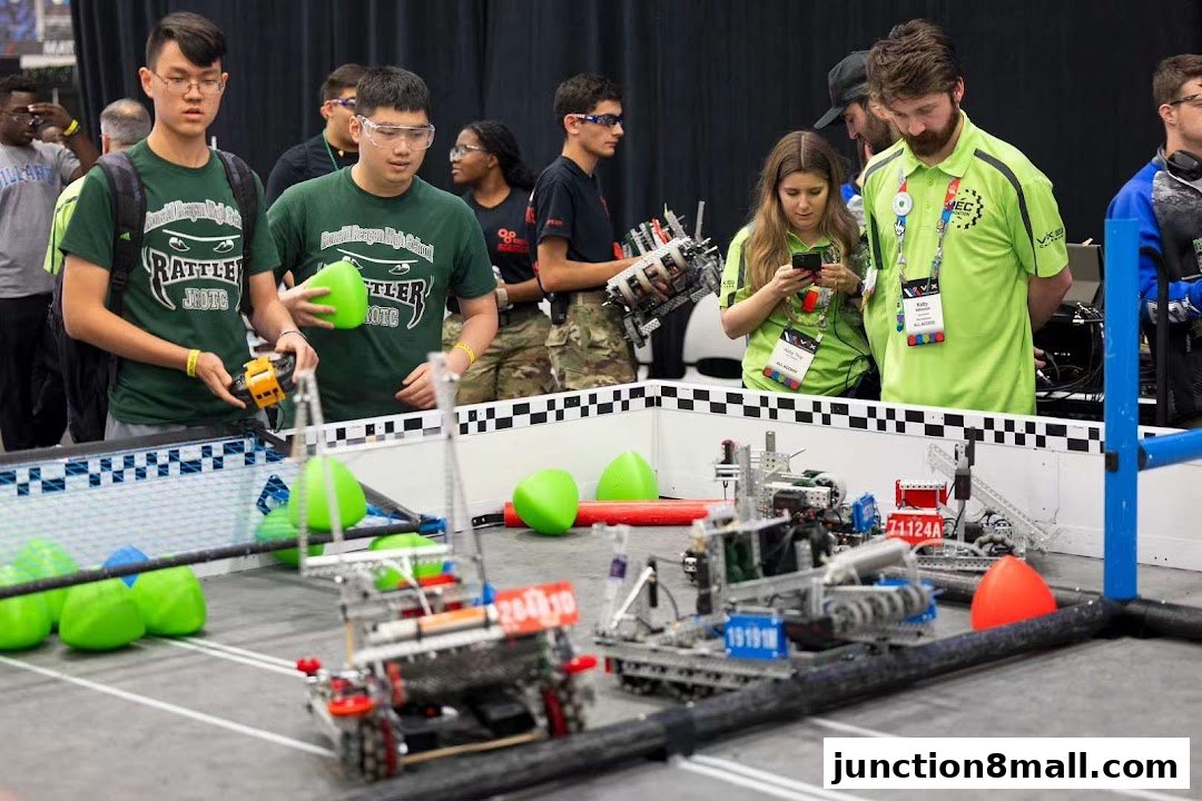 Students and mentors observe a robotics competition with robots and green balls on the field.