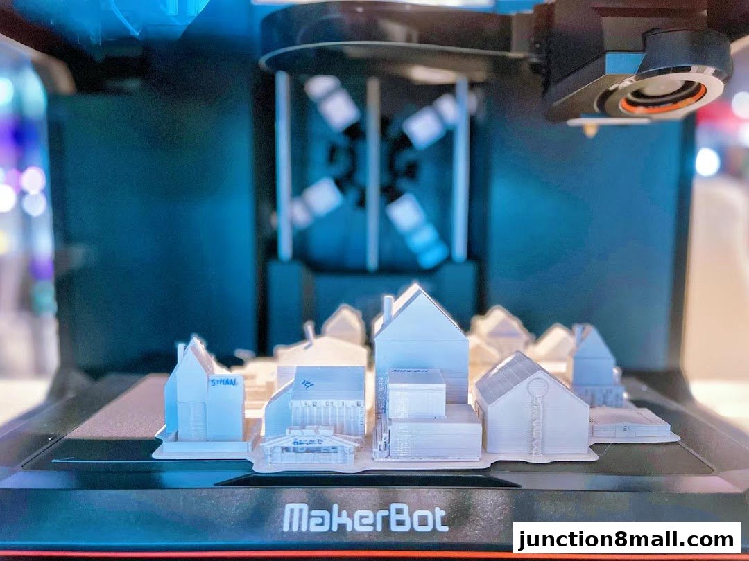 A 3D printer creating miniature white houses, showcasing innovative technology.