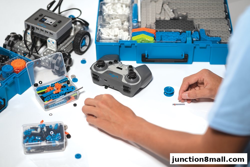 Hands assembling a robot with a remote control and various building components.
