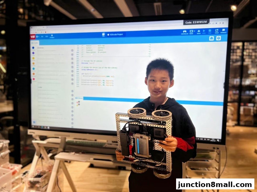 A young boy proudly holds a robot he built in front of a large screen displaying code.