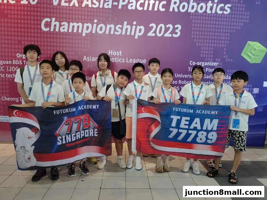 A group of students from Futurum Academy holding banners at a robotics championship.