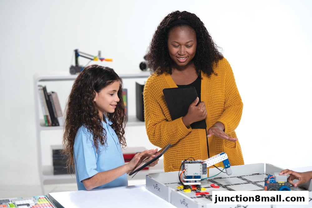 A teacher guides a student as they work on a robotics project with a tablet.