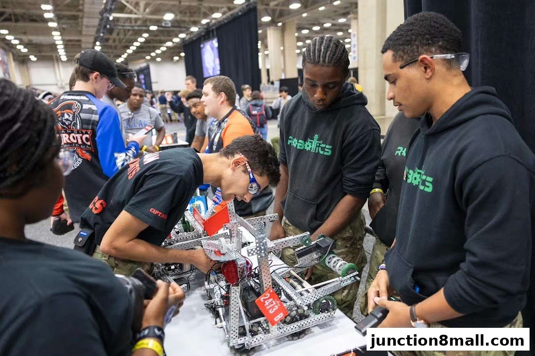 Students gather around a table, examining a complex robotic device.