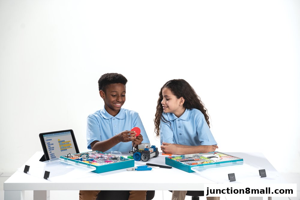 Two children in blue shirts are engaged in a robotics activity with a tablet and building kits.