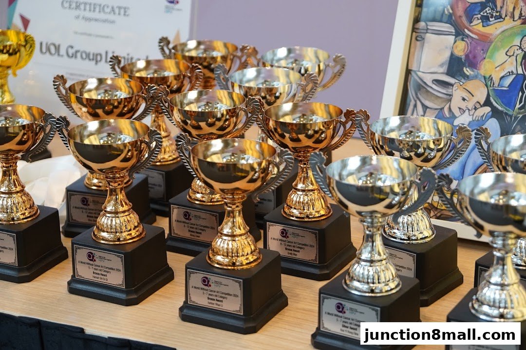 A collection of gold and silver trophies displayed on a table, with a certificate in the background.