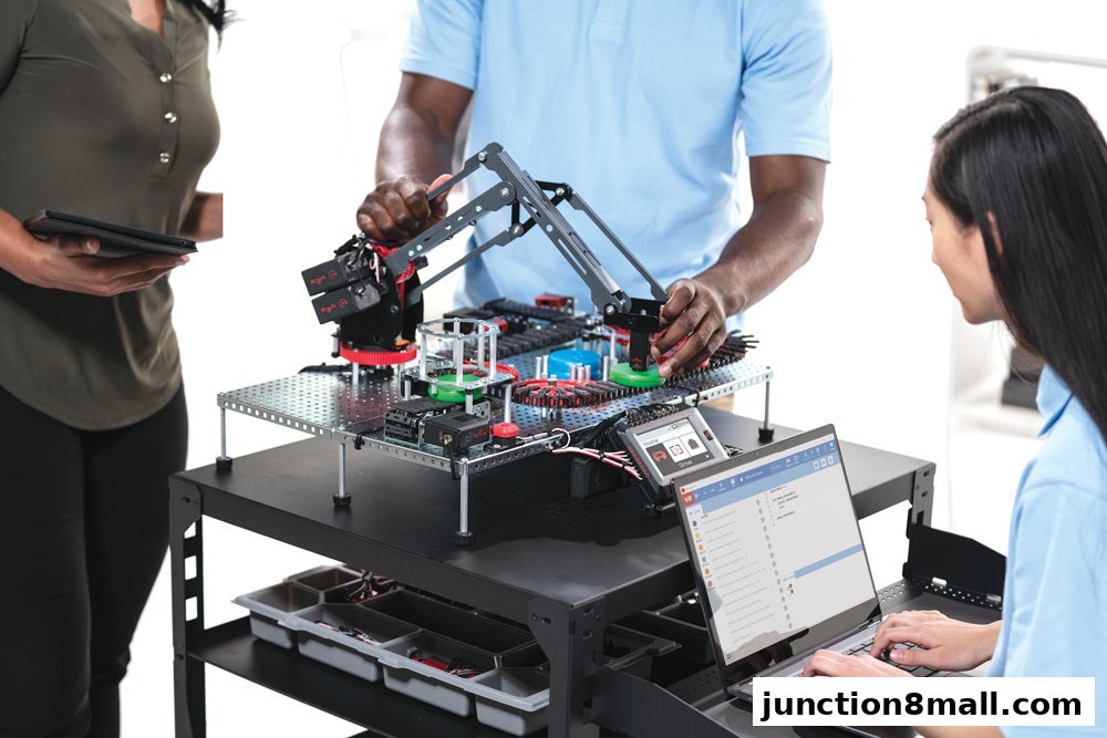 People working on a robotics project with a robotic arm and laptop.