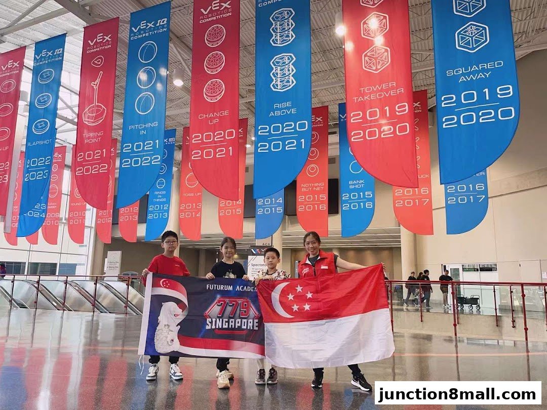 Four people, including children, hold a Singapore flag and a Futurum Academy banner.