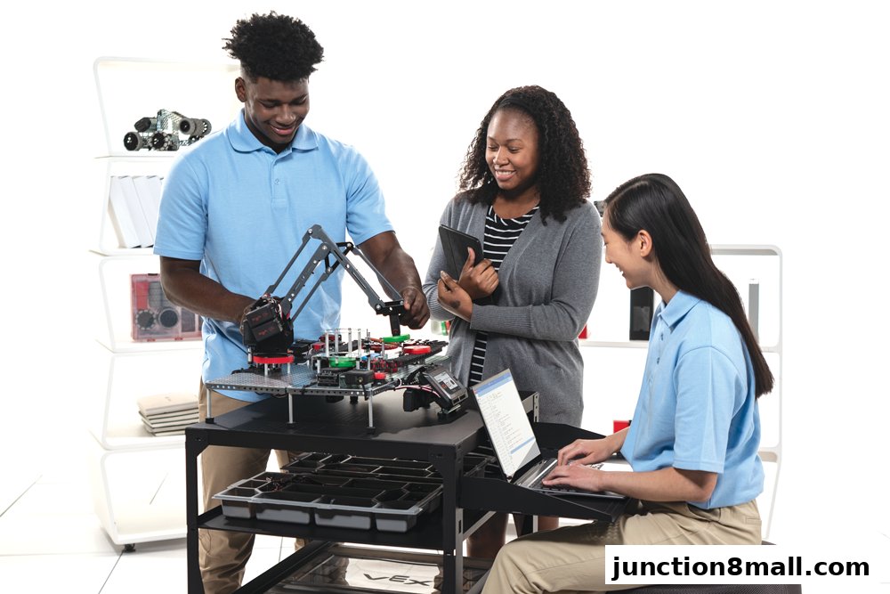 Students collaborate on a robotics project with a teacher guiding them.