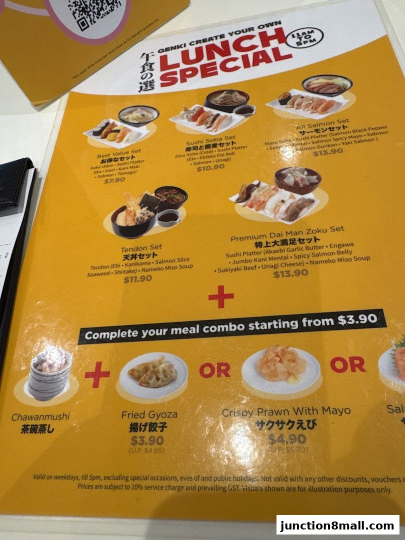 A menu from Genki Sushi Junction 8 featuring lunch specials and meal combo options.