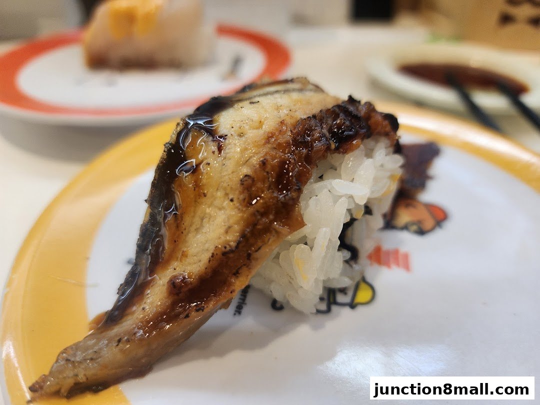 A close-up of a delicious sushi piece with eel and rice on a plate.
