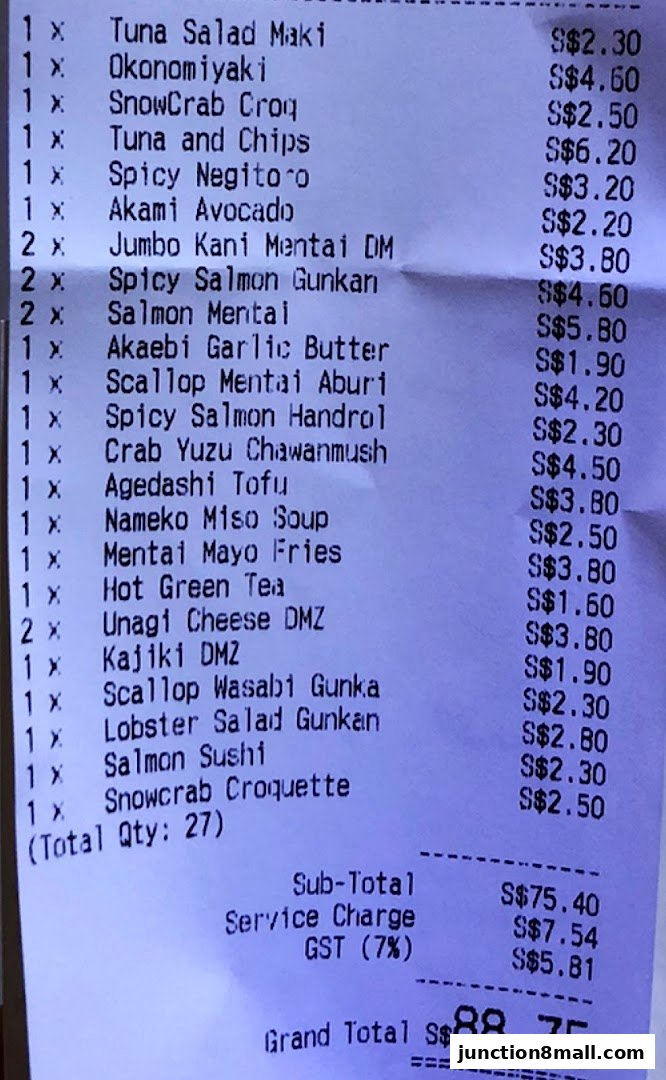 A receipt from Genki Sushi Junction 8 detailing various sushi items and their prices.