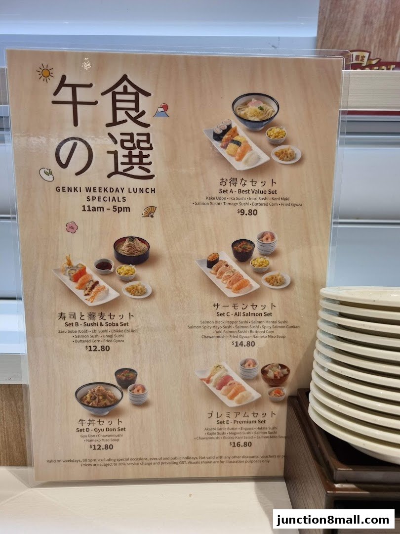 A menu board showcasing various Japanese lunch sets with sushi, soba, and donburi.
