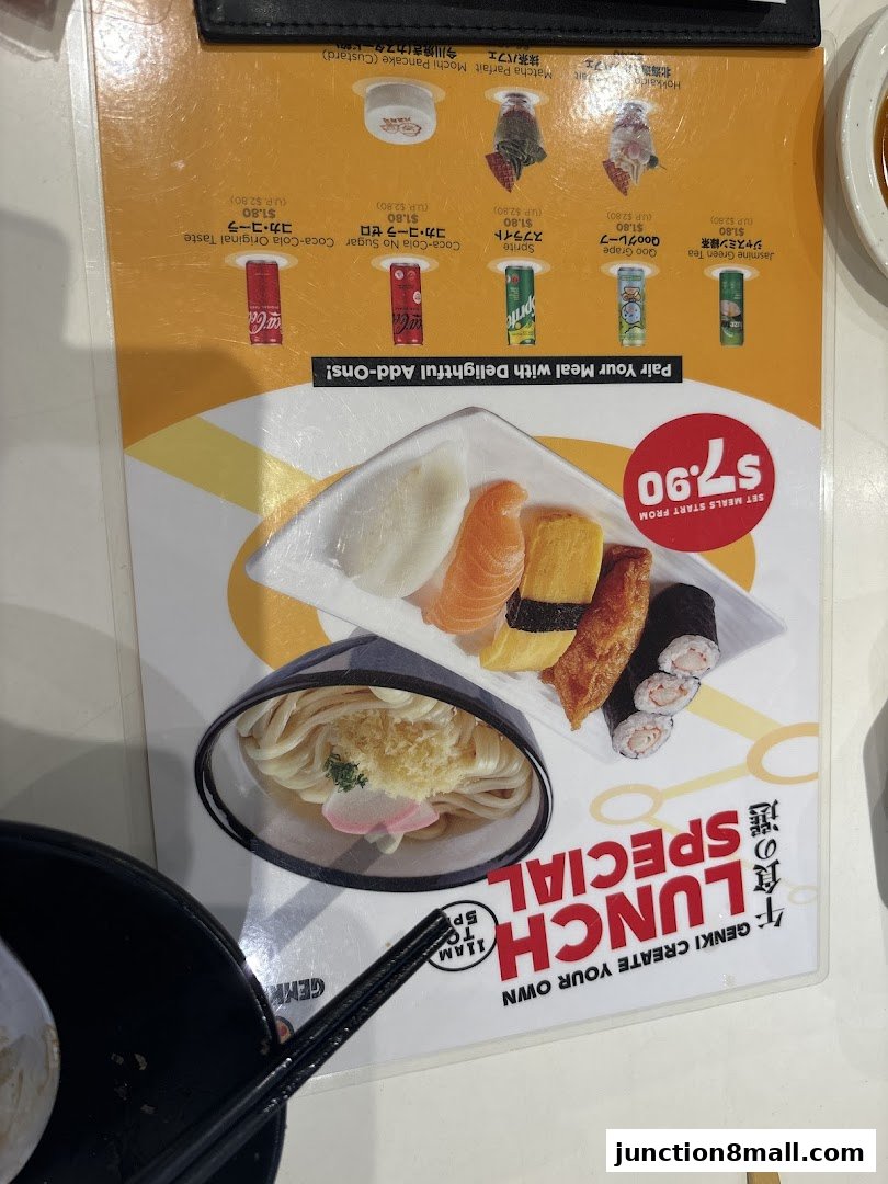 A menu featuring sushi, udon, and various drinks with a lunch special offer.