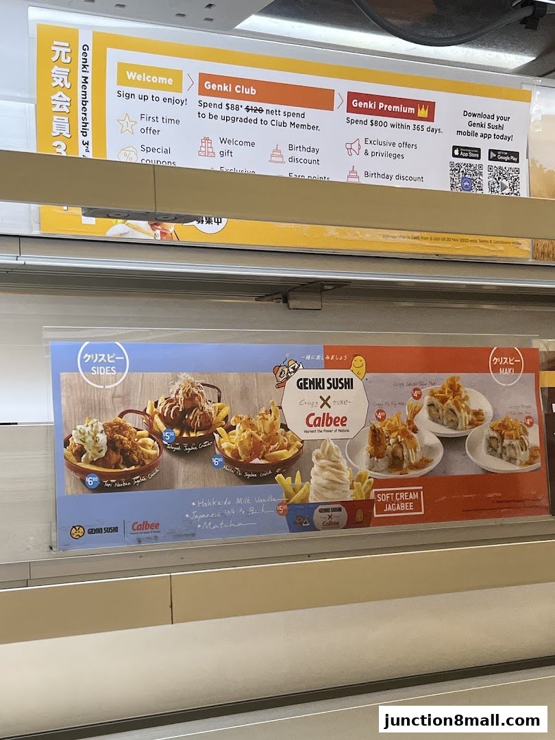 A menu board showcasing Genki Sushi's crispy sides, sushi rolls, and soft cream.