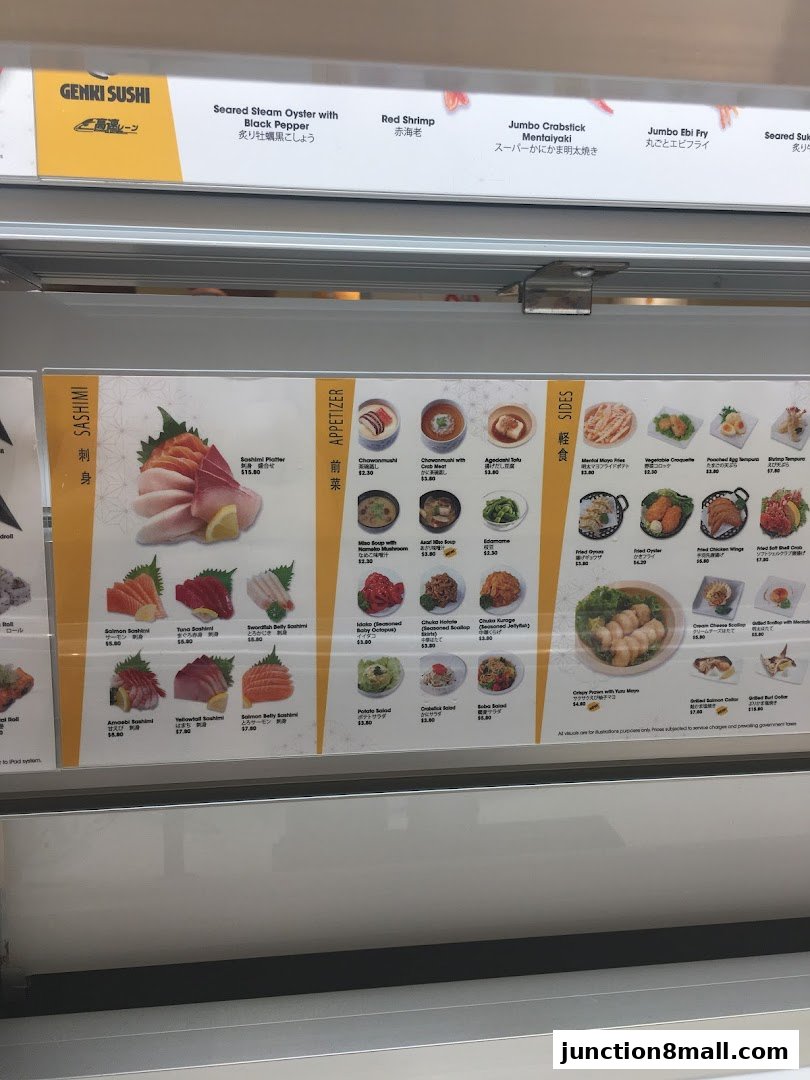 A menu display for Genki Sushi featuring sashimi, appetizers, and sides with prices.