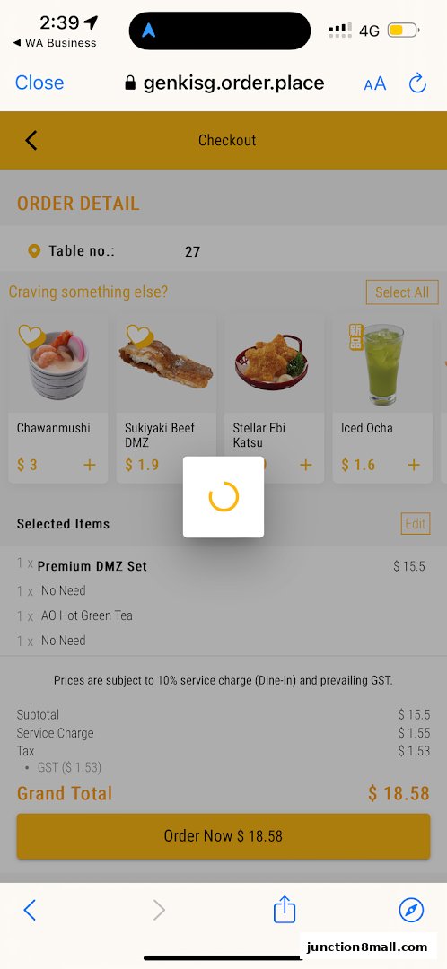 A screenshot of a Genki Sushi order detail page showing selected items and total cost.