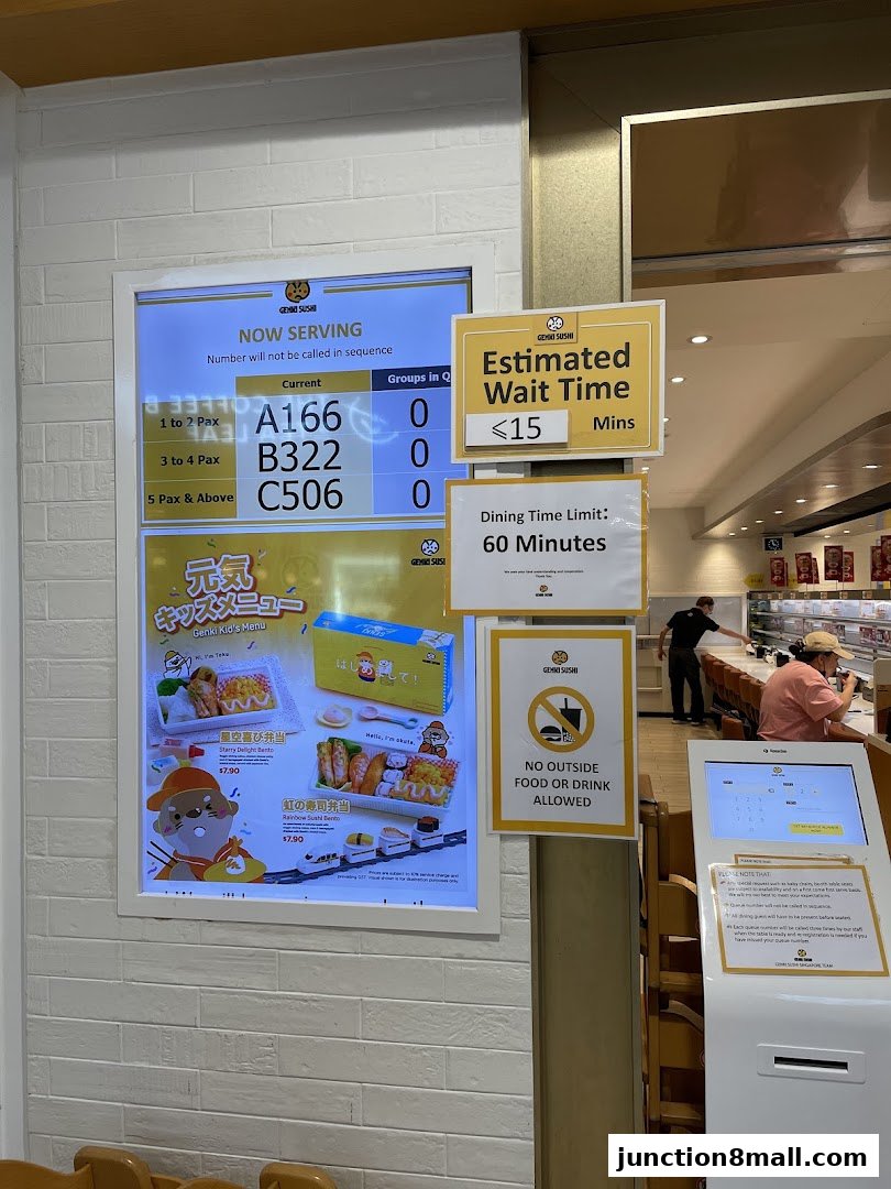 Genki Sushi restaurant queue display, wait time, and kids' menu.