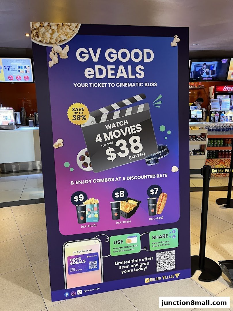 A promotional banner for Golden Village Bishan's 'GV GOOD eDEALS' offering movie tickets and combo discounts.