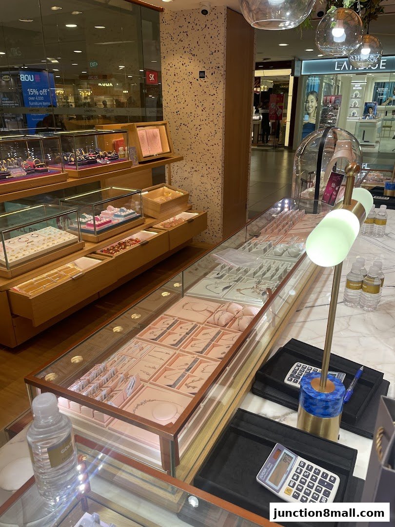 Interior view of a jewelry store with display cases filled with necklaces and jewelry.