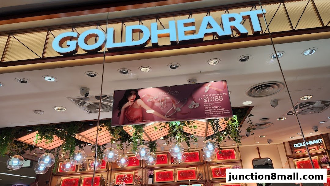 The exterior of a Goldheart Jewelry store with a prominent sign and a promotional display.