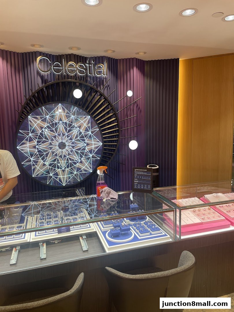 Interior view of a jewelry store with display cases filled with rings and necklaces.