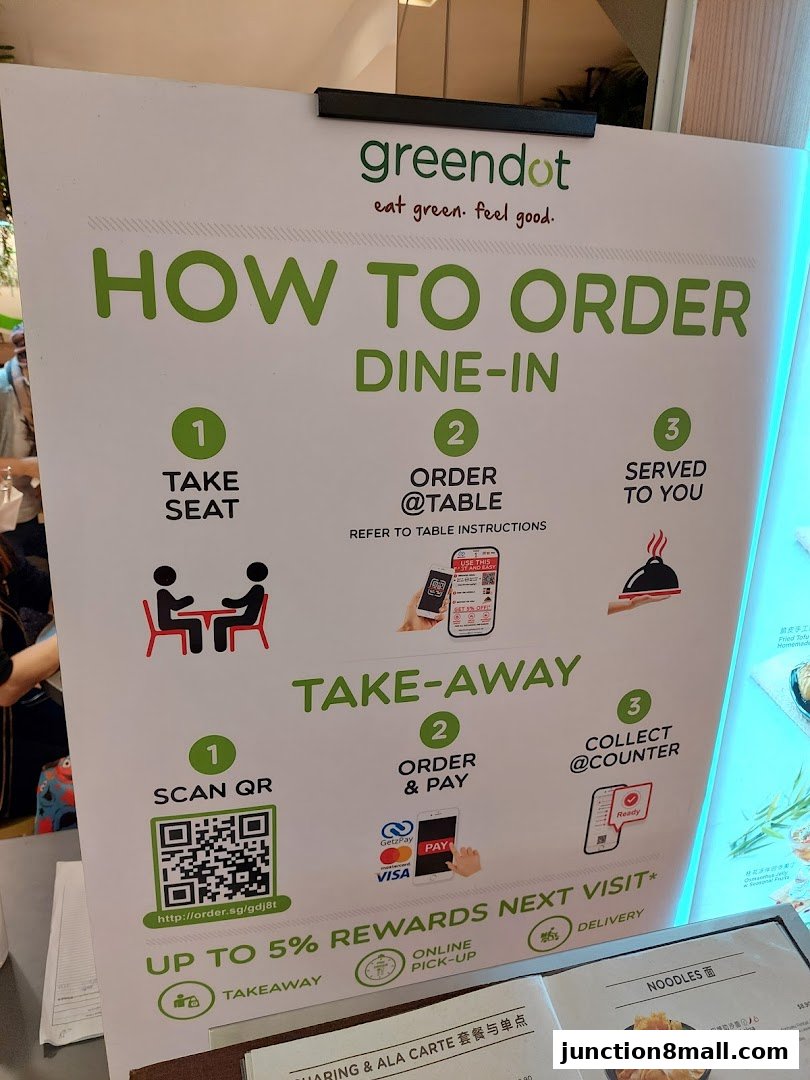 A sign explaining how to order dine-in and take-away at Greendot.