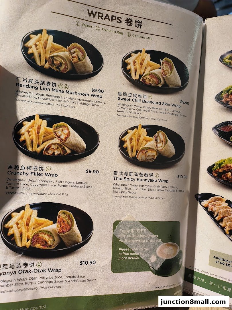 A menu page showcasing various wraps with descriptions and prices.