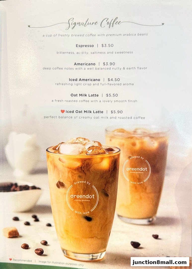 A menu showcasing signature coffee drinks from Greendot.