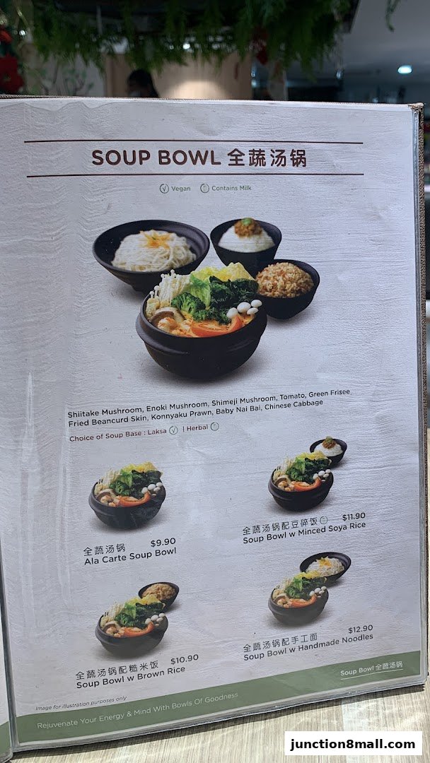 A menu page showcasing various soup bowls with ingredients and prices.