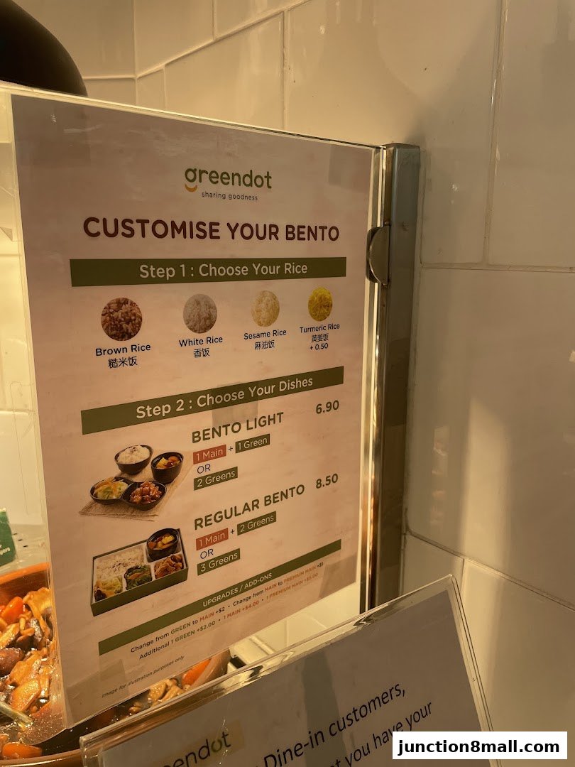 A menu board for Greendot showing options to customize a bento box.