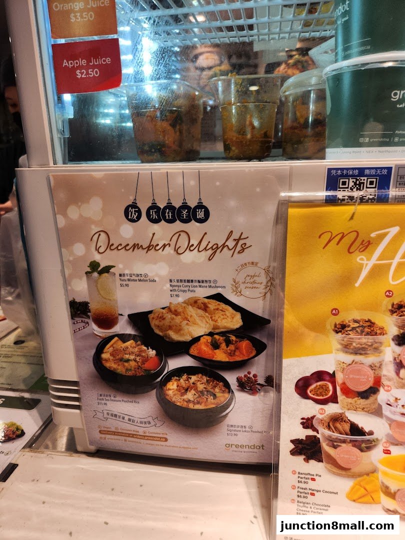 A menu board for Greendot Junction 8 featuring December Delights and parfaits.