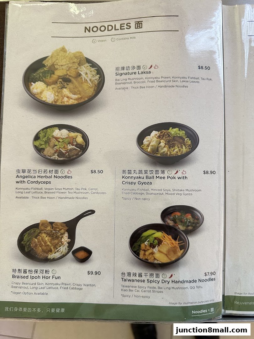 A menu page displaying various noodle dishes with descriptions and prices.