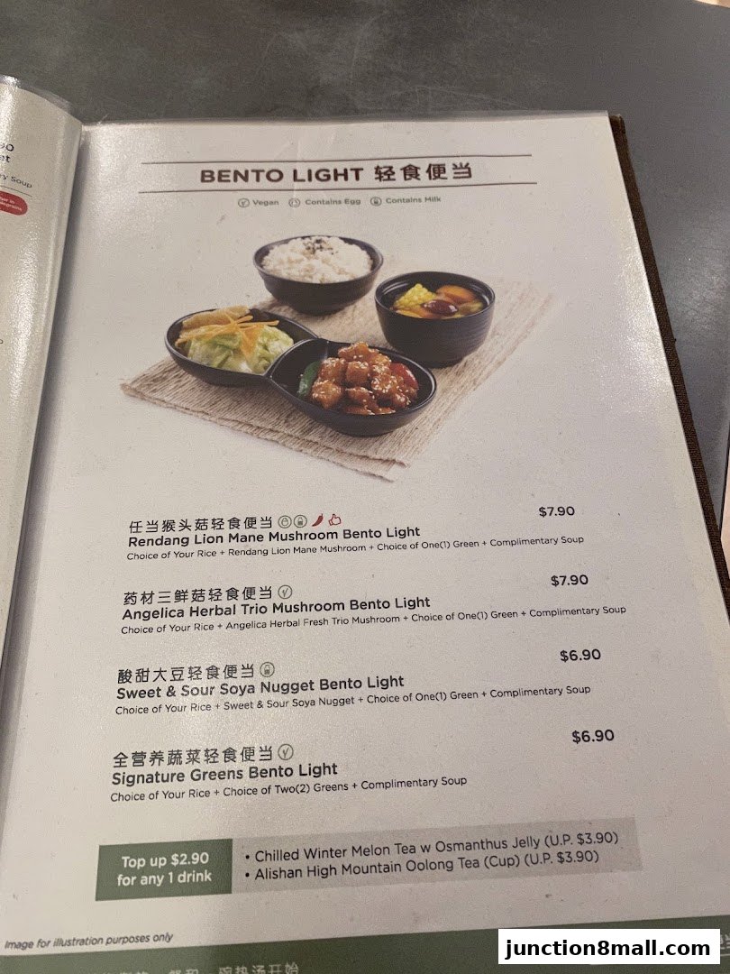 A menu page showcasing various 'Bento Light' meals with descriptions and prices.
