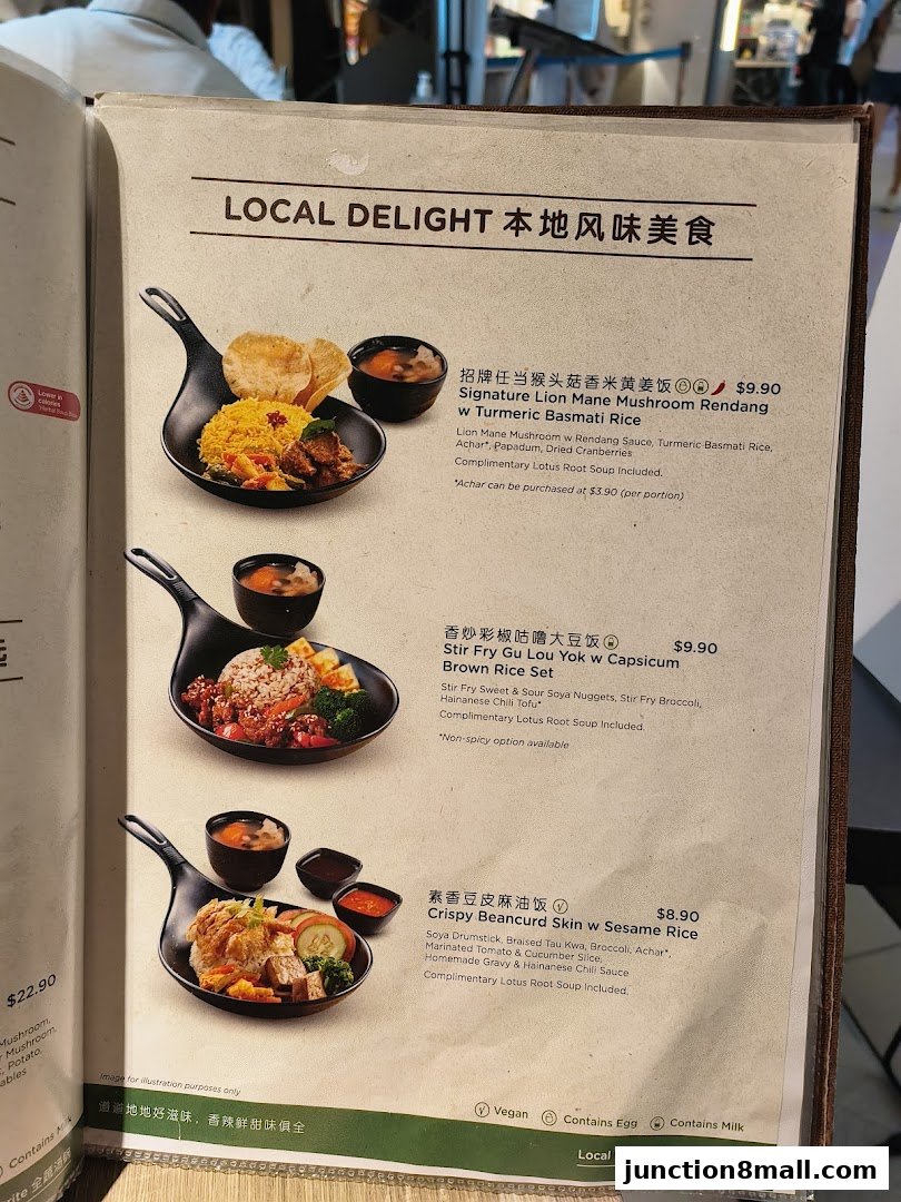 A menu from Greendot Junction 8 featuring local delights with enticing descriptions and prices.