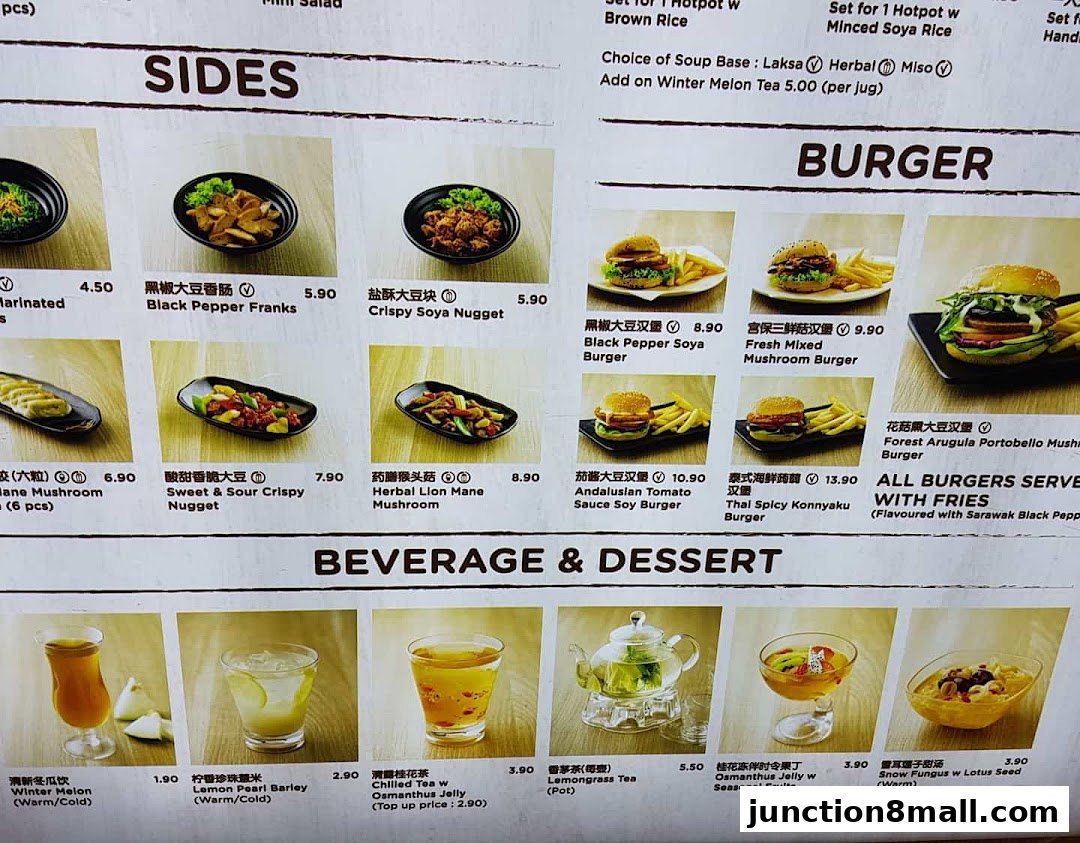 A menu featuring sides, burgers, and beverages with enticing food photography.