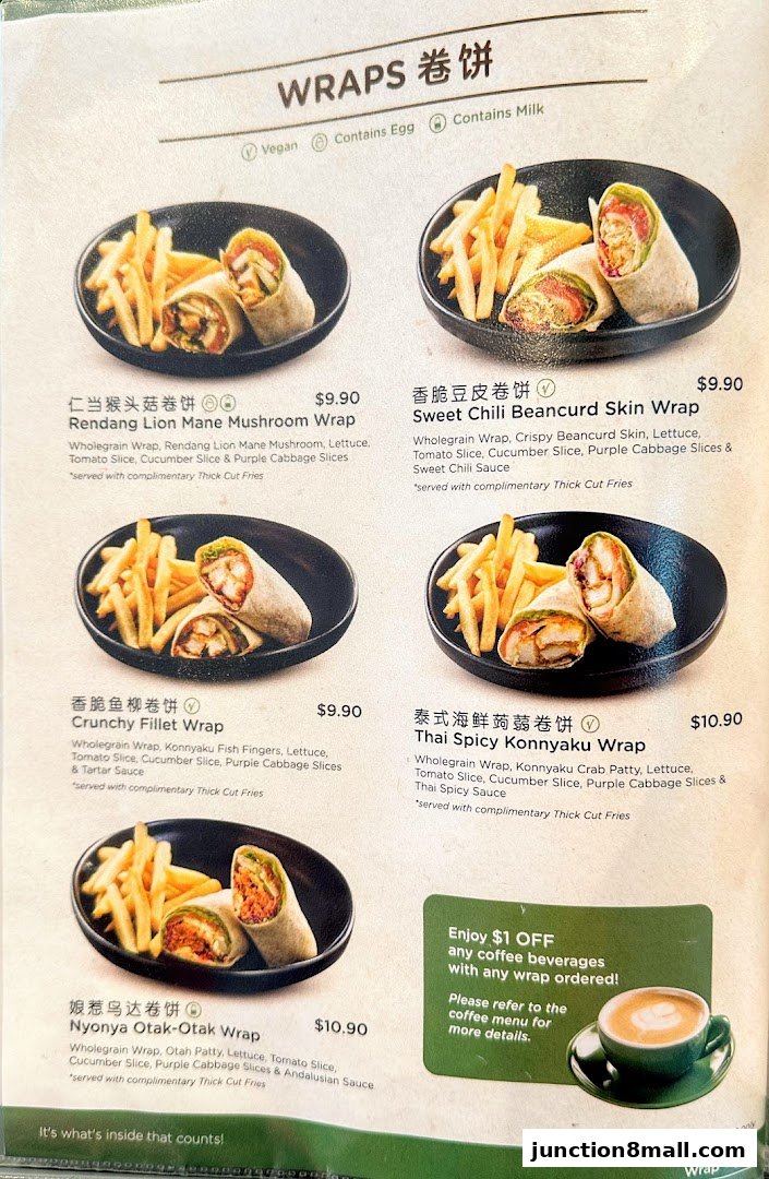 A menu page showcasing various wraps with accompanying fries and descriptions.