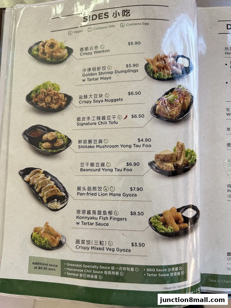 A menu page from Greendot Junction 8 featuring various side dishes with images and prices.