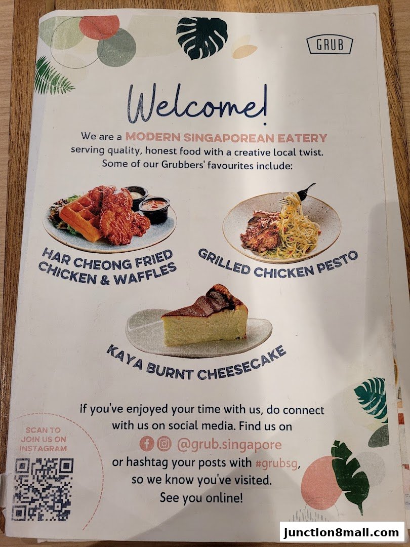 A menu from GRUB Junction 8 showcasing popular dishes like fried chicken and cheesecake.