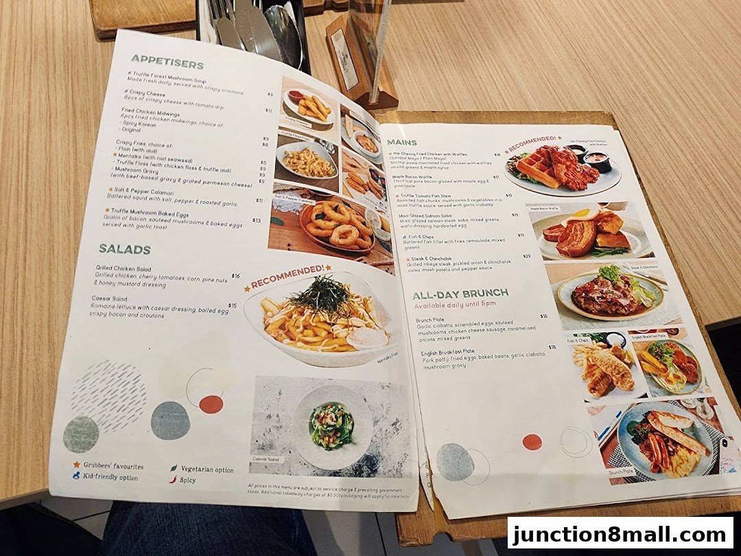 A menu from GRUB Junction 8 featuring appetizers, salads, mains, and all-day brunch options.