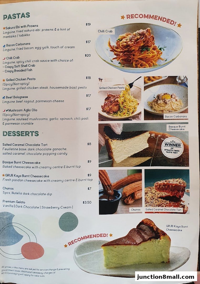 A menu featuring pastas and desserts with enticing food photography.