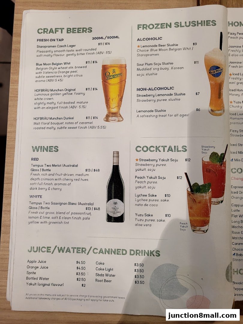 A menu featuring craft beers, frozen slushies, cocktails, wines, and canned drinks with prices.