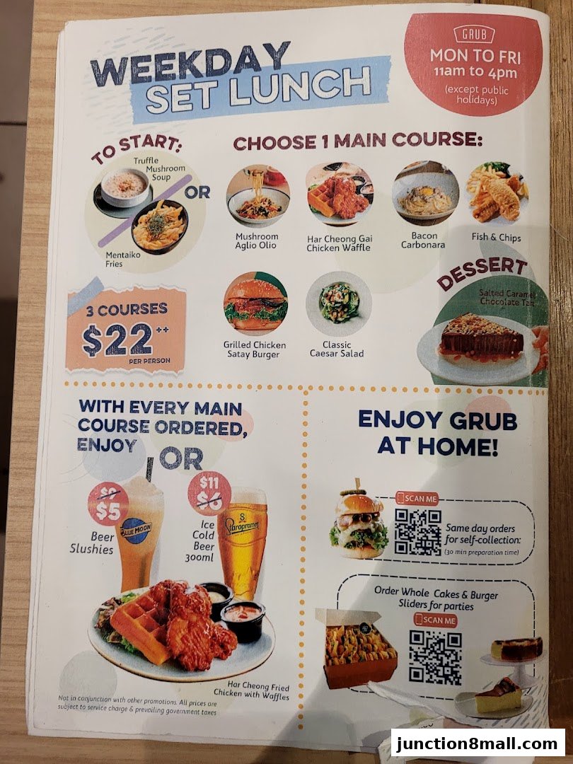 A menu for GRUB Junction 8's Weekday Set Lunch, featuring starters, main courses, desserts, and drinks.