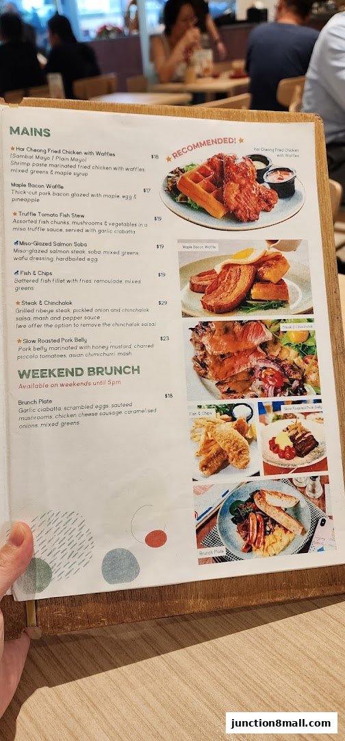 A menu from GRUB Junction 8 featuring mains and weekend brunch options with food images.