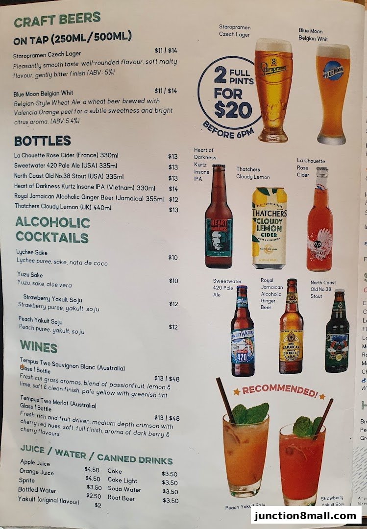 A menu featuring craft beers, bottles, alcoholic cocktails, wines, and juices with prices and descriptions.