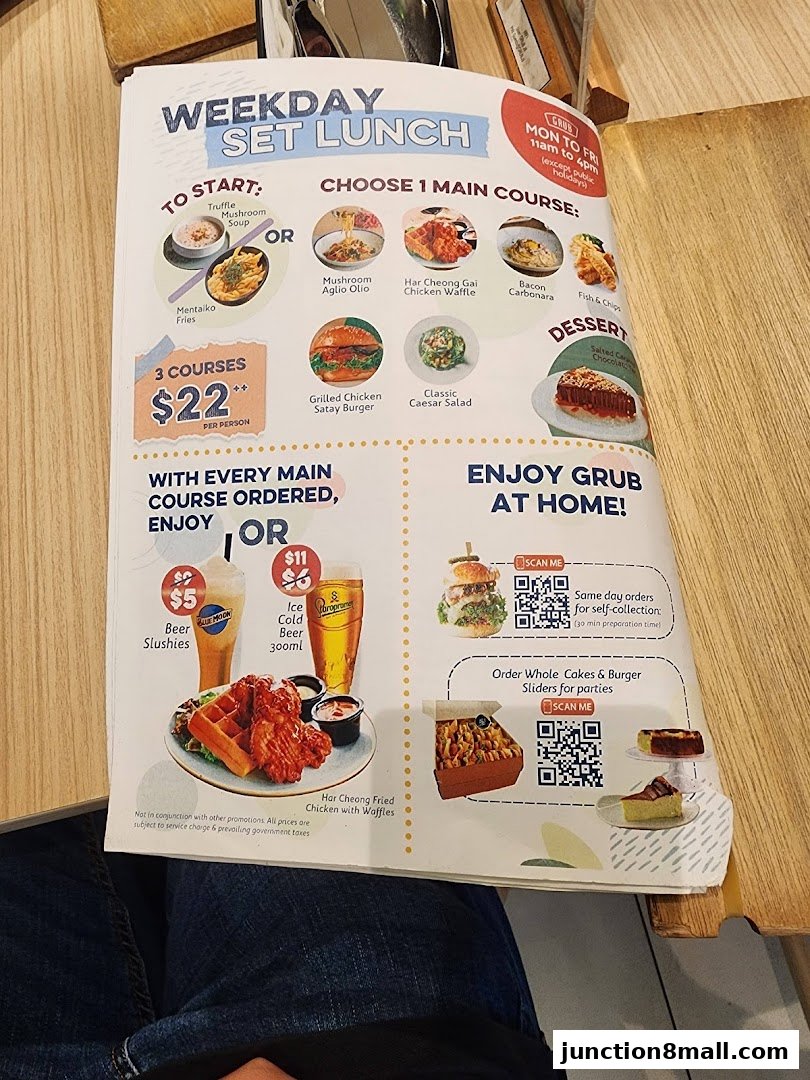 A menu for GRUB Junction 8 featuring weekday set lunch options and desserts.
