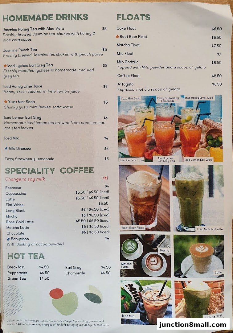 A menu featuring homemade drinks, specialty coffee, floats, and hot tea with accompanying images.