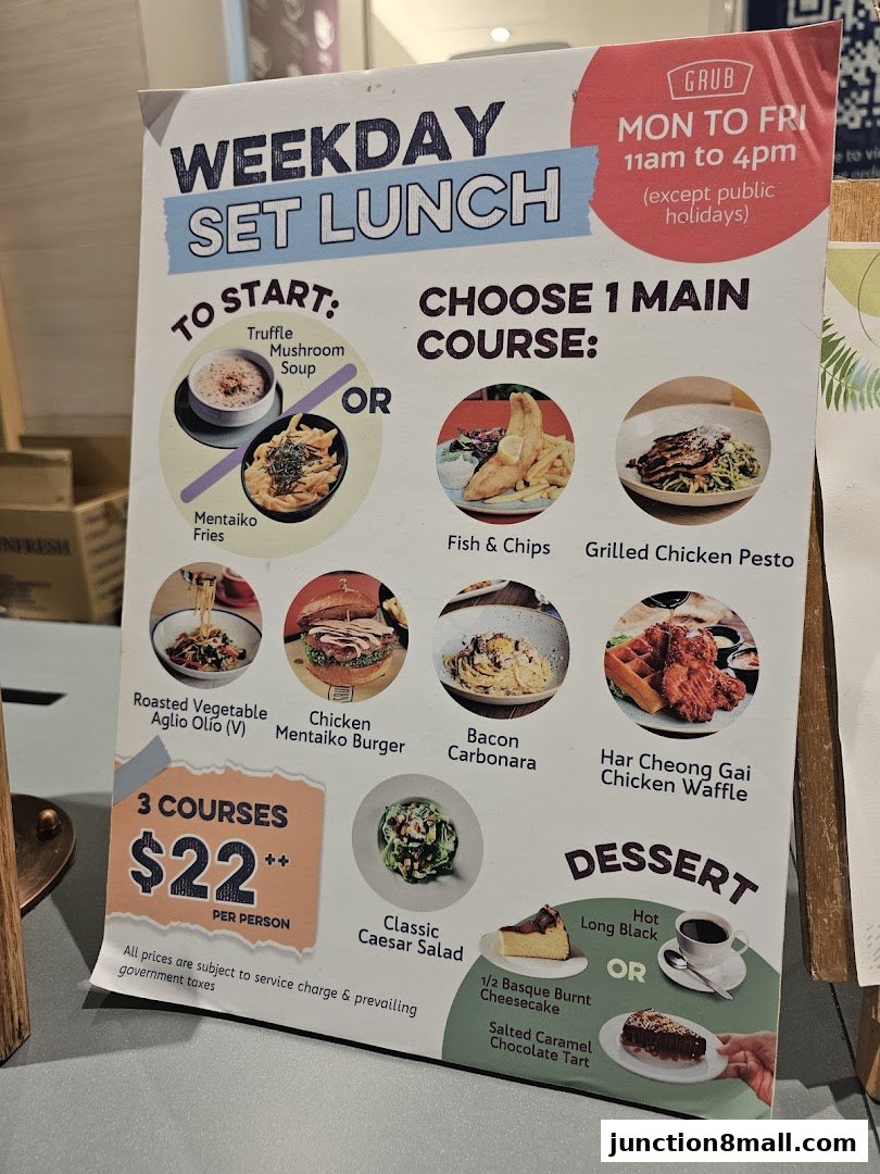 A menu for GRUB Junction 8's Weekday Set Lunch, featuring various main courses and desserts.