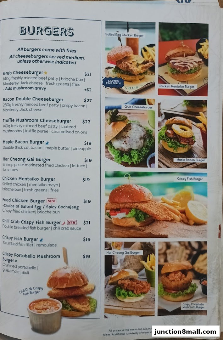 A menu page showcasing various burgers with descriptions and prices, accompanied by appetizing images.