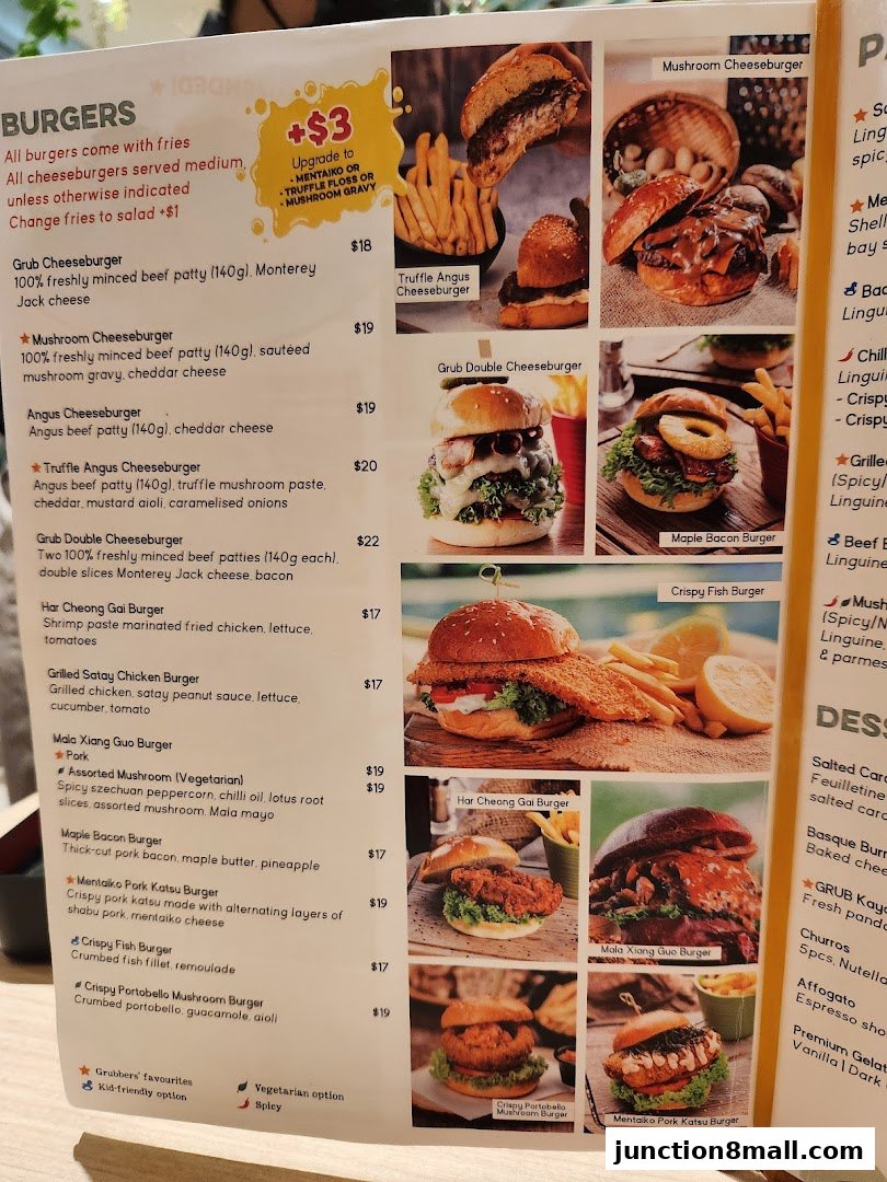A menu page showcasing various burgers with enticing images and descriptions.