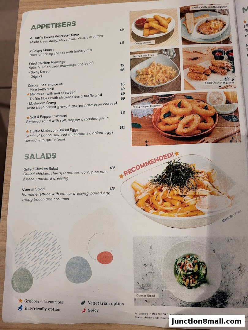 A menu page from GRUB Junction 8 featuring appetizers and salads with enticing food photography.